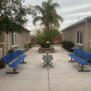 A serene courtyard featuring blue benches and a central plant, perfect for relaxation.