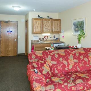 A cozy living room with a floral-patterned sofa and a small kitchenette area.