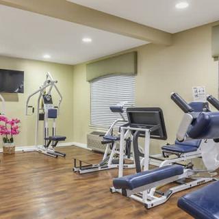 A well-equipped gym with various exercise machines and wooden flooring.