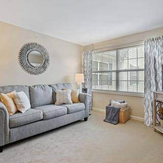 A cozy living room with a gray sofa, decorative mirror, and large window with patterned curtains.