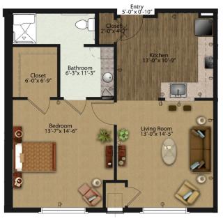 This image shows a floor plan of an apartment with two bedrooms, a bathroom, a kitchen, and a living room.