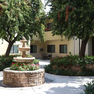 A peaceful courtyard with a fountain surrounded by trees and a building.