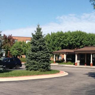 A welcoming entrance with lush greenery and a circular driveway.