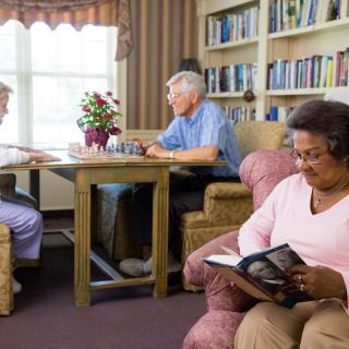 Seniors enjoying a peaceful moment reading in a cozy library setting.