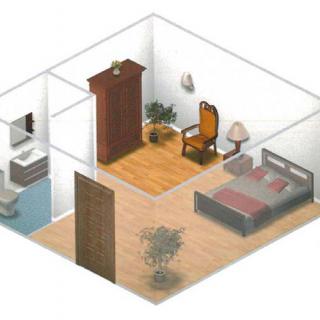 Isometric view of a bedroom interior with adjoining bathroom, featuring a bed, wardrobe, and various furnishings.