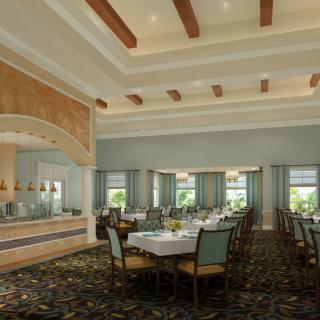 Elegant restaurant dining area with neatly arranged tables and chairs.