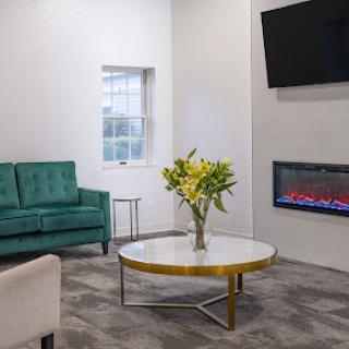A modern living room featuring a green couch, elegant coffee table, and an electric fireplace.