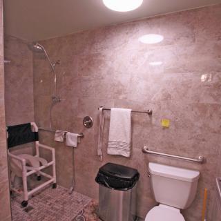 An accessible bathroom featuring a shower chair, toilet with handrails, and towel rack.