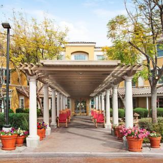 A scenic walkway with a pergola, flanked by potted plants and benches, leading to a building.