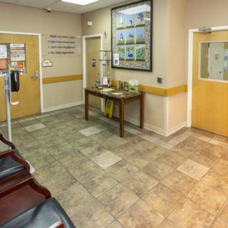 A clean and organized waiting room in a clinic with seating and informational displays.