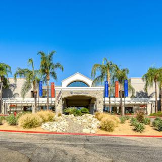 A shopping center entrance surrounded by palm trees and desert landscaping.