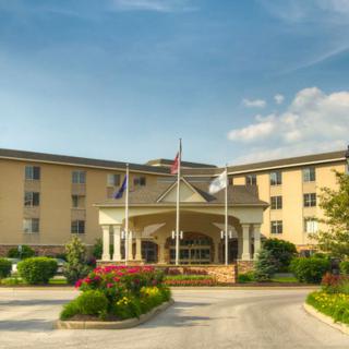 A scenic view of a large hotel entrance with flags and well-maintained landscaping.