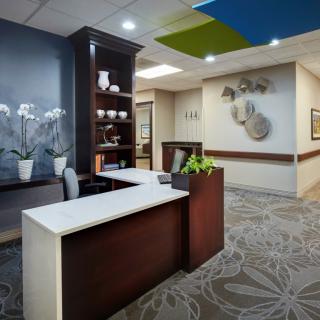 Modern reception area with a sleek desk and decorative elements.