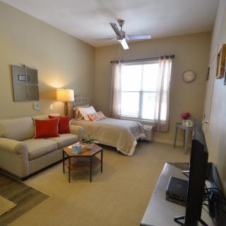 A cozy studio apartment with a bed, sofa, TV, and window.