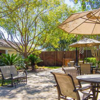 A sunny backyard patio with outdoor furniture and umbrellas surrounded by trees.