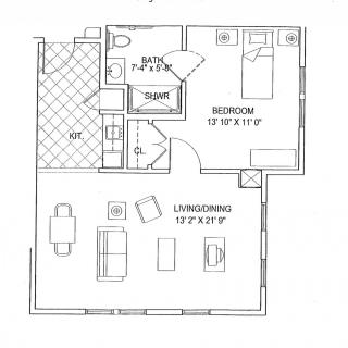 A floor plan of a one-bedroom apartment featuring a living room, kitchen, dining area, and bathroom.