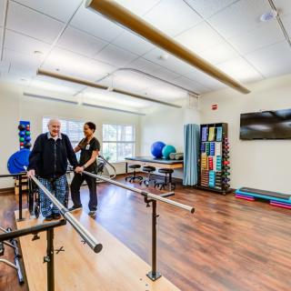 A therapist assists an elderly patient during a physical rehabilitation session in a medical facility equipped with exercise tools.