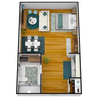 A 3D floor plan of a one-bedroom apartment featuring a living room, dining area, kitchen, and bathroom.