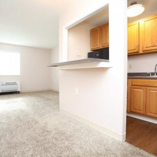A spacious apartment interior featuring an open kitchen area with wood cabinets and a living room with carpet flooring.