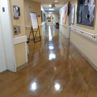 A clean and well-lit hospital hallway with shiny floors.