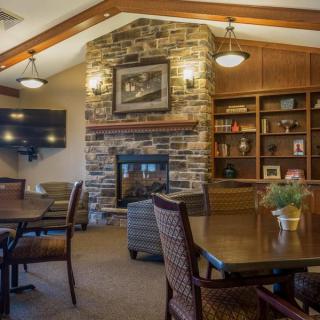 A cozy living room with a stone fireplace and wooden bookshelves.