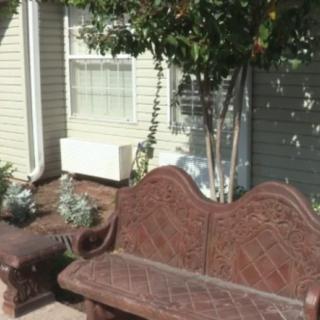 A decorative bench in a garden setting outside a house.