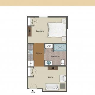 One-bedroom apartment floor plan with kitchen, living area, and bathroom.