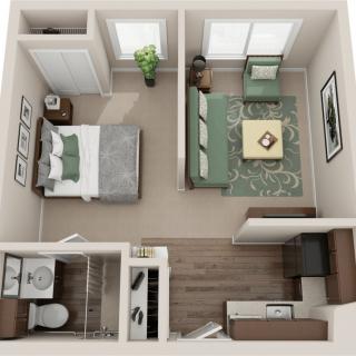 A 3D floor plan of a one-bedroom apartment featuring a living room, kitchen, and bathroom.