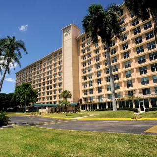 A large hotel building with palm trees in front under a clear blue sky.