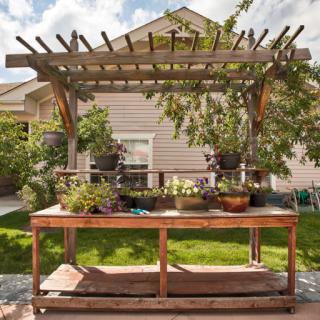 A backyard garden with a wooden pergola and a potting table surrounded by lush greenery on a sunny day.