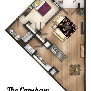 A one-bedroom apartment floor plan featuring a kitchen, living room, bathroom, and dining area.