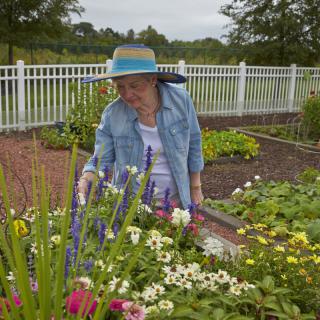 A woman tending to her garden, surrounded by colorful flowers and a white fence.