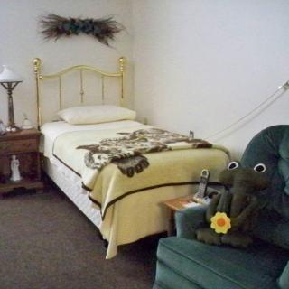 Cozy bedroom with a single bed, decorative pillows, and a stuffed animal on a chair.