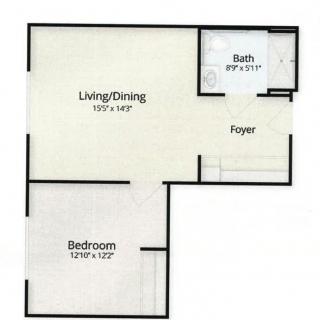 A floor plan of a one-bedroom apartment with a living/dining area, bathroom, and foyer.