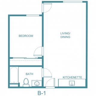 Floor plan of a one-bedroom apartment featuring a living/dining area, kitchen, and bathroom.