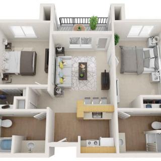 A detailed floor plan of a modern apartment featuring two bedrooms, a living room, kitchen, bathroom, and a balcony.