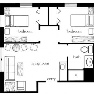 A floor plan of a two-bedroom apartment with a living room, bathroom, and entry area.