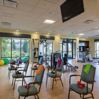 A fitness center equipped with various exercise machines, chairs with weights, and exercise balls.