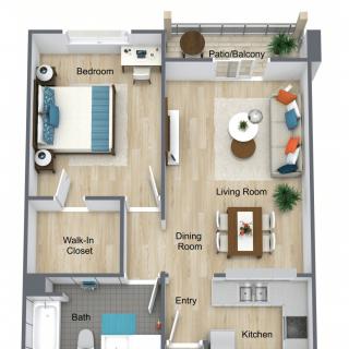 A modern one-bedroom apartment floor plan with a living room, kitchen, dining area, bathroom, and balcony.