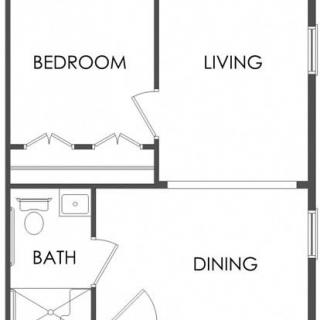 A simple floor plan featuring a one-bedroom apartment with living, dining, and bath areas.