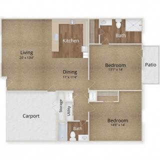 Apartment floor plan featuring a living room, dining area, kitchen, bedroom, bathroom, patio, and carport.