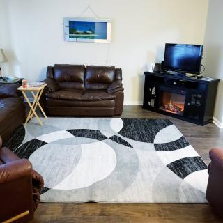 A cozy living room with a modern rug, leather sofas, and a television.