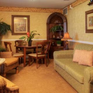 A cozy living room with a green sofa, wooden dining table, and indoor plants.