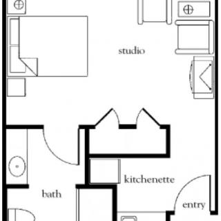 Floor plan of a studio apartment with a kitchenette and bathroom.