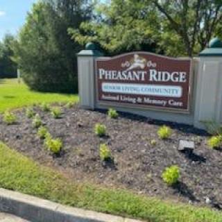 Entrance sign for Pheasant Ridge Assisted Living & Memory Care surrounded by landscaping.