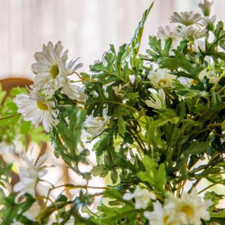 A close-up view of a bouquet featuring white daisies and lush green leaves.