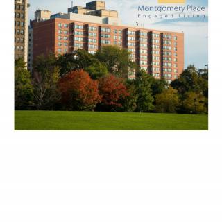 An apartment building viewed across a park with autumn foliage.