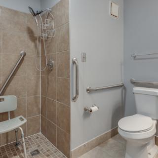 An accessible bathroom featuring a shower with safety rails and a comfortable toilet setup.