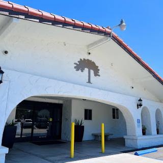 A striking entrance featuring a palm tree silhouette against a bright blue sky.