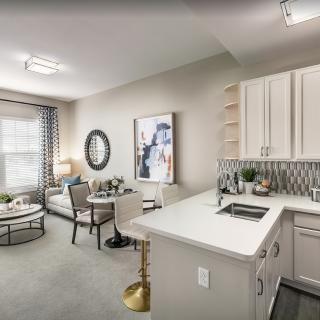 A modern apartment featuring a cozy living room and an open kitchen with elegant decor.